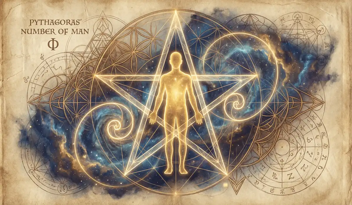 Sacred geometry illustration representing the Pythagorean human form and pentagram as the ancient origin of the 555 angel number.