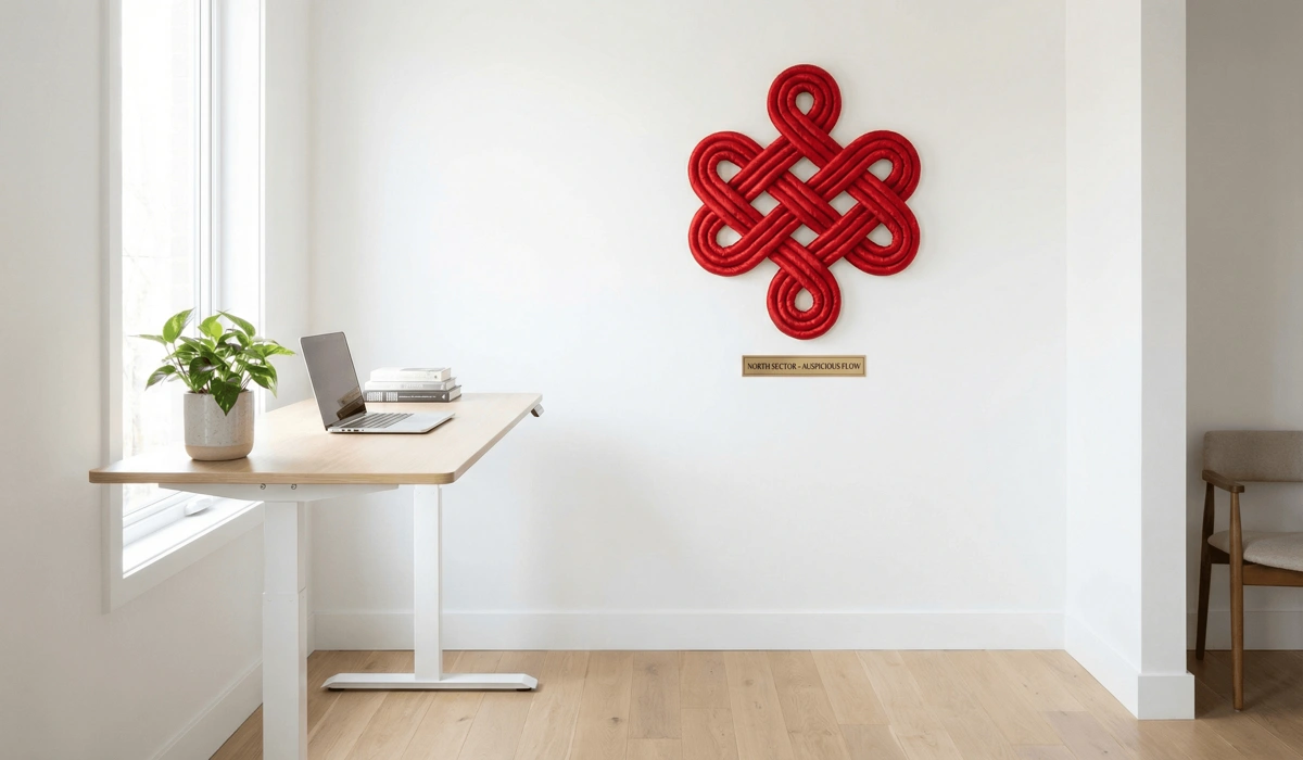 Proper placement of a red Mystic Knot in a home office to activate career luck and ensure steady energy flow according to Feng Shui.