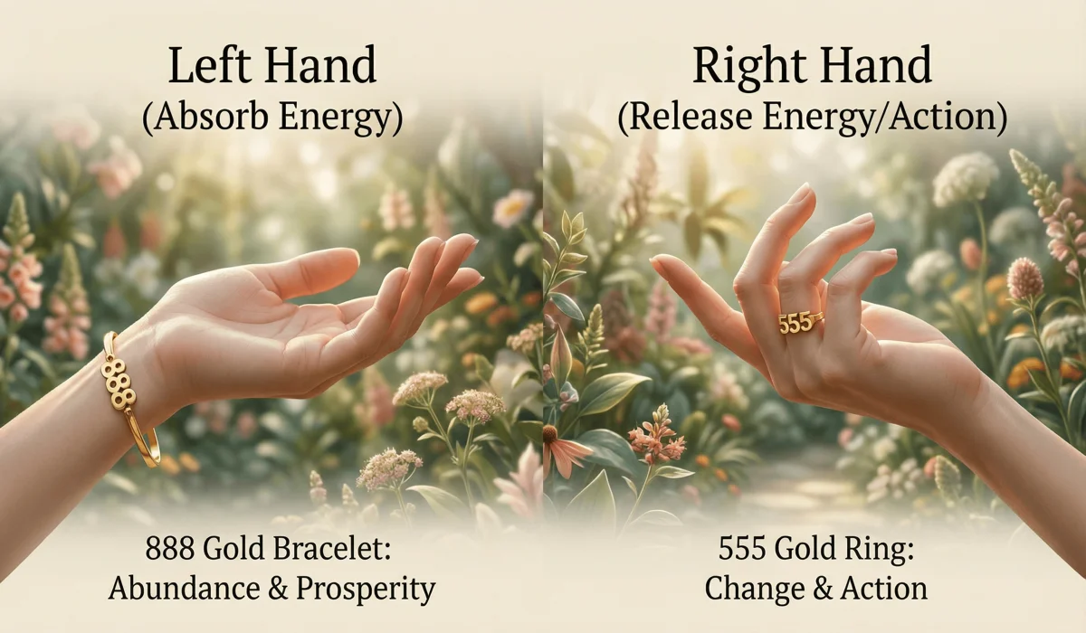 Visual guide on how to wear angel number bracelets on the left and right hands for manifestation.