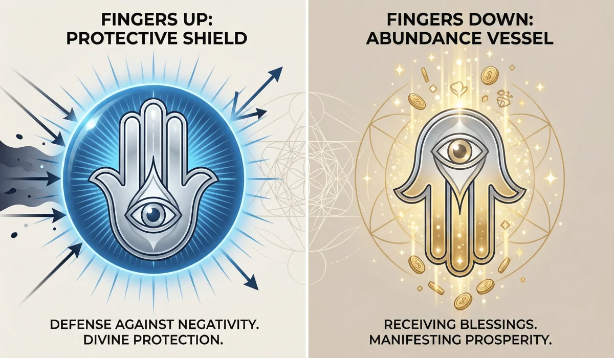 Comparison of Hamsa hand orientations: fingers up for protection versus fingers down for manifestation.