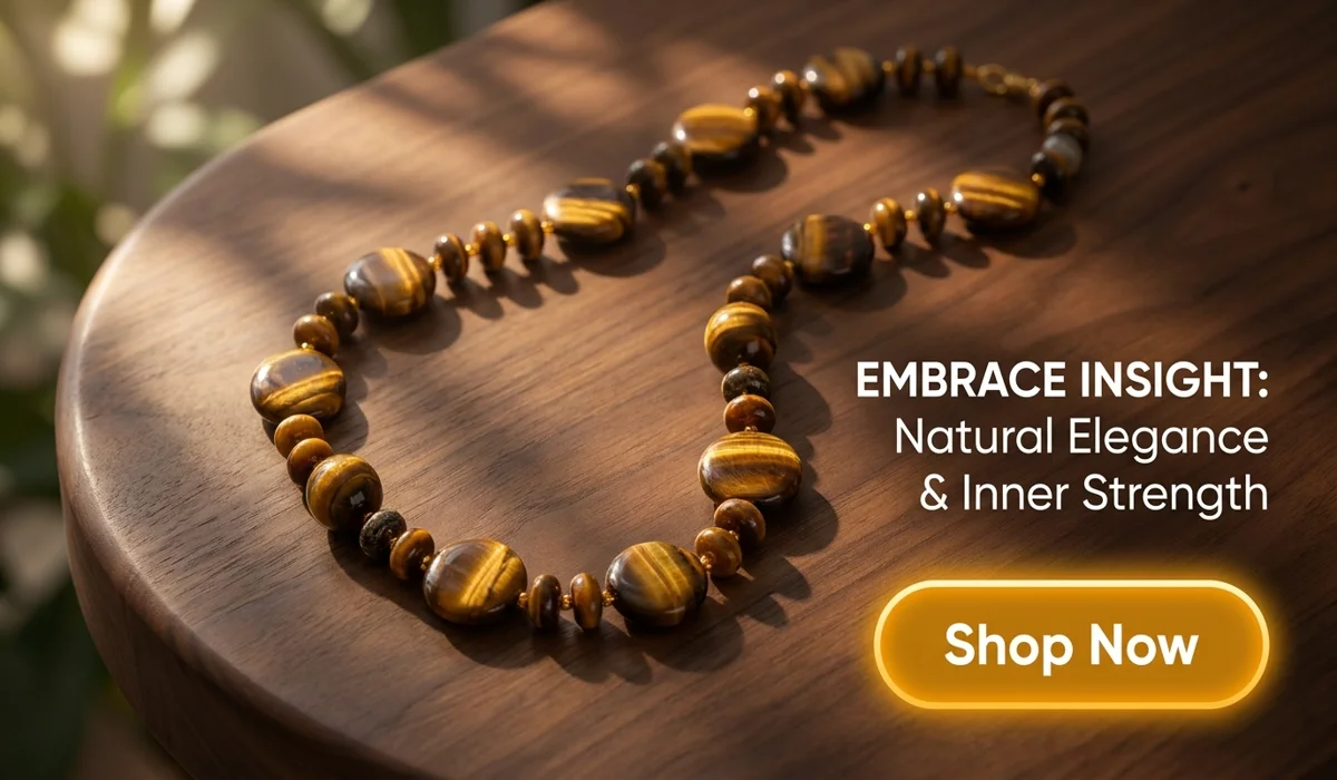 Tiger's Eye Lumina Necklace on luxury wooden background with Shop Now button and inspirational text for jewelry blog
