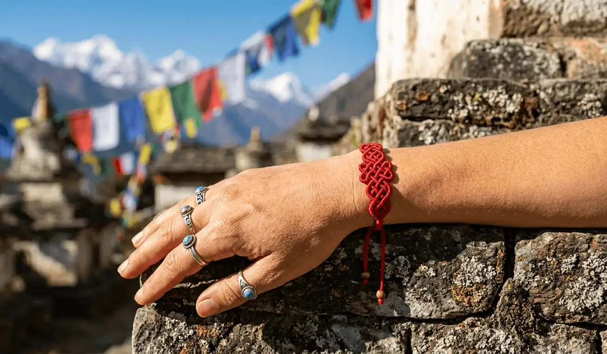 A hand-tied red Tibetan knot bracelet worn on the left wrist for spiritual protection and energy receiving.