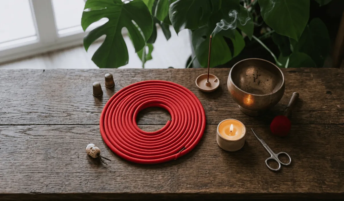 Sacred DIY workspace with red cord, singing bowl, and incense for tying a Tibetan protective knot.