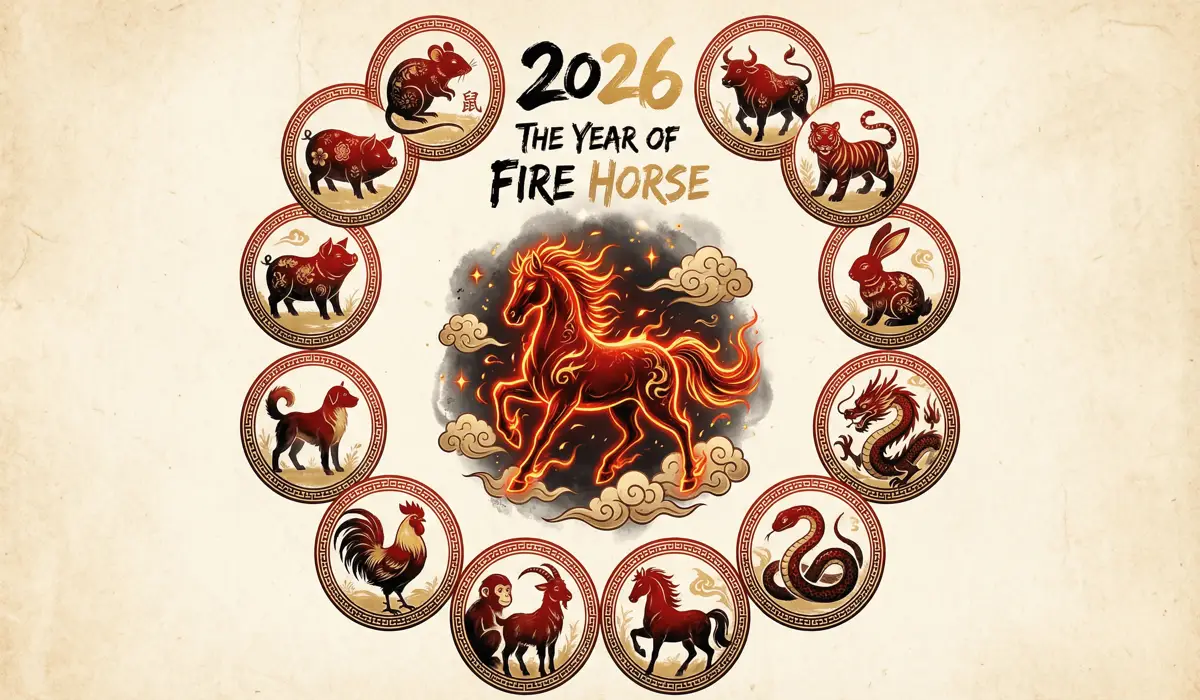 The 12 animals of the Chinese zodiac arranged in a traditional cycle with the 2026 Fire Horse highlighted in the center.