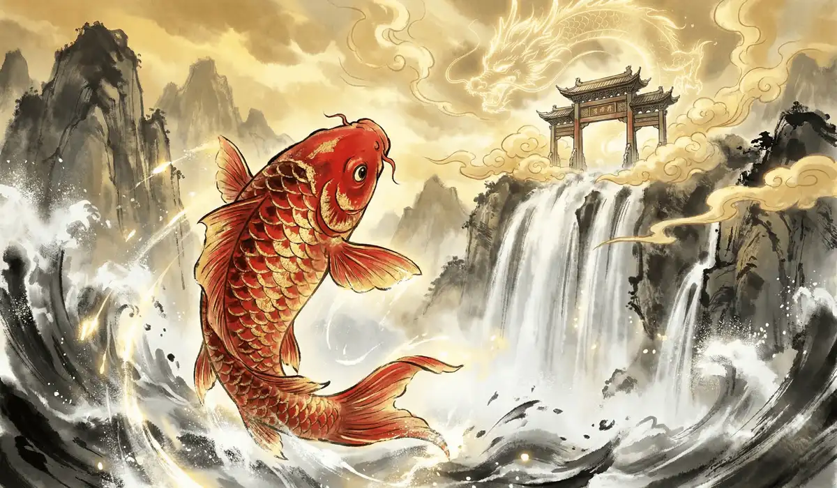 A red koi fish leaping over the Dragon Gate waterfall to transform into a dragon, representing overcoming obstacles.