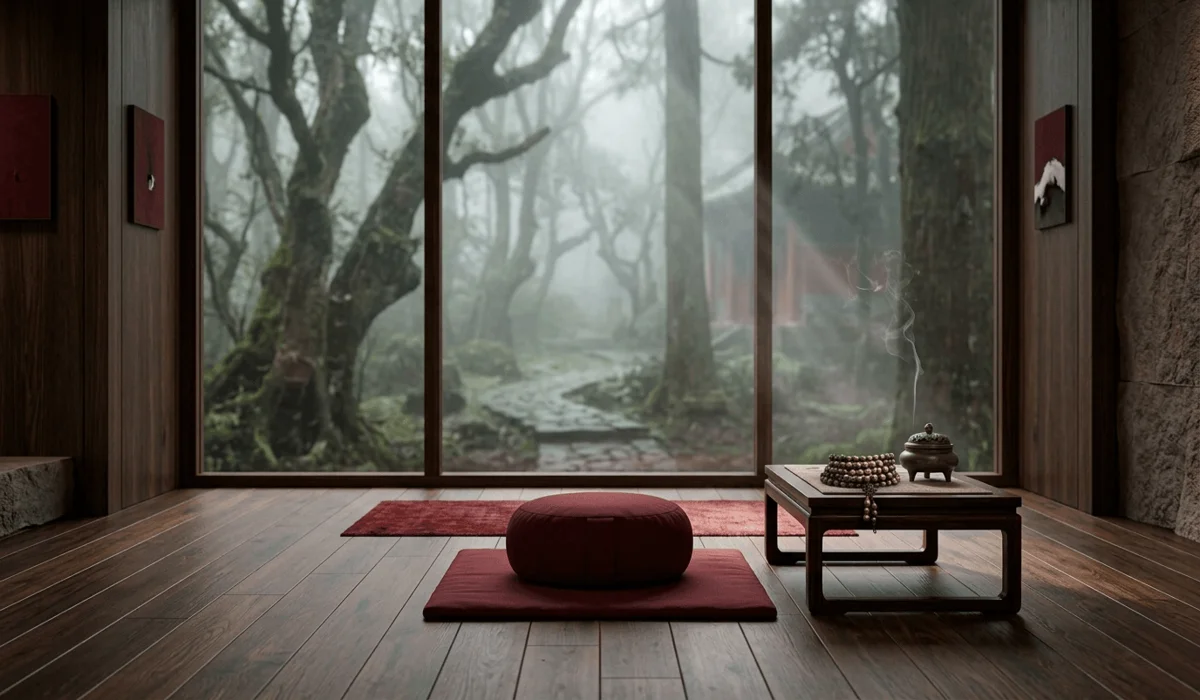 A serene meditation space featuring Phoebe Zhennan mala beads and incense, symbolizing spiritual grounding and authority.