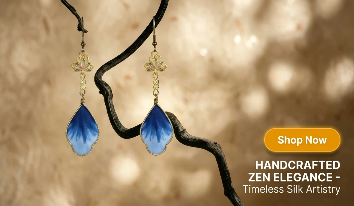 Ethereal Lotus Silk Flower Ronghua Earrings in Zen style - handcrafted blue gradient silk petal jewelry with gold lotus filigree