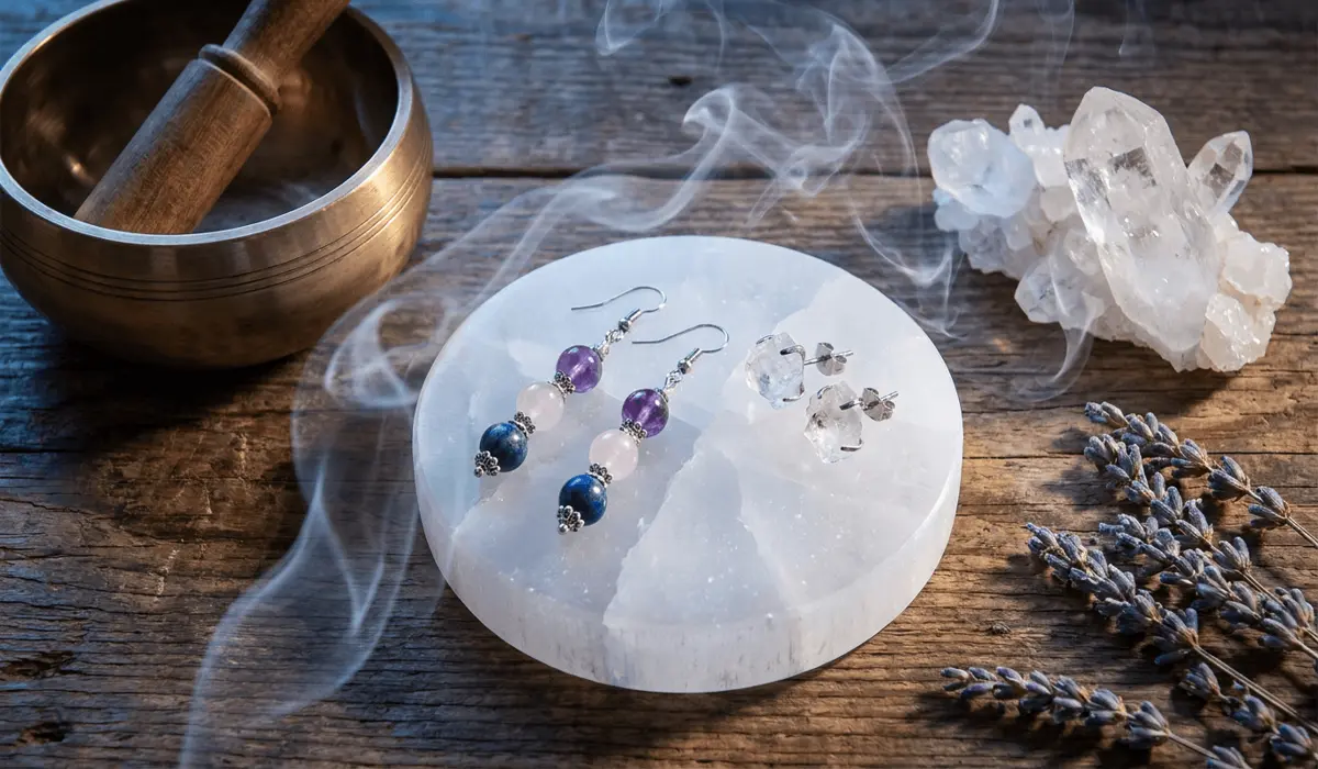 Spiritual gemstone jewelry placed on a selenite charging plate with palo santo smoke during a cleansing and energy charging ritual.