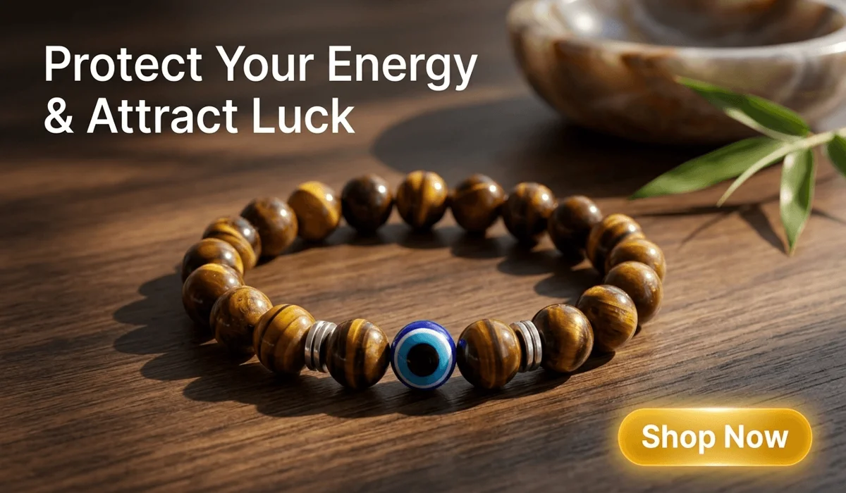 Negativity-Blocking Evil-Eye Tiger's Eye Bracelet for protection and steady luck, high-end spiritual jewelry product photography for blog.