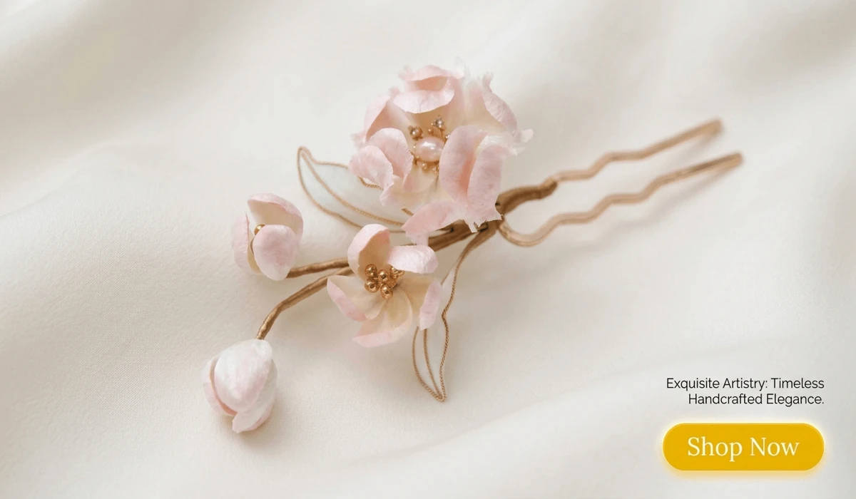 Handmade Velvet Flower Hairpin - Traditional Silk Floral Art Accessory in Soft Pink and Gold for Elegant Hairstyling