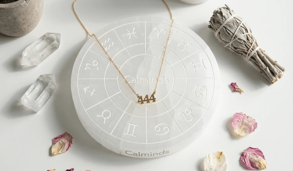 Angel number necklace being cleansed on a selenite plate with sage for spiritual maintenance.