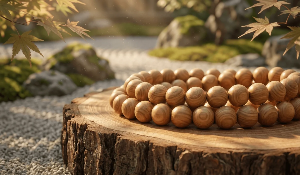 Close-up of authentic sandalwood mala beads showing natural wood grain and texture for spiritual meditation.