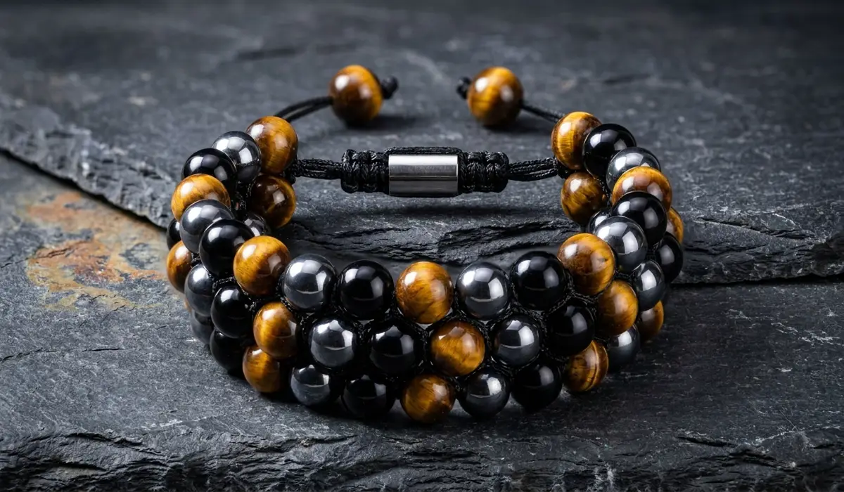 A close-up shot of a Triple Protection Bracelet showing the distinct textures of Tiger's Eye, Hematite, and Black Obsidian beads.