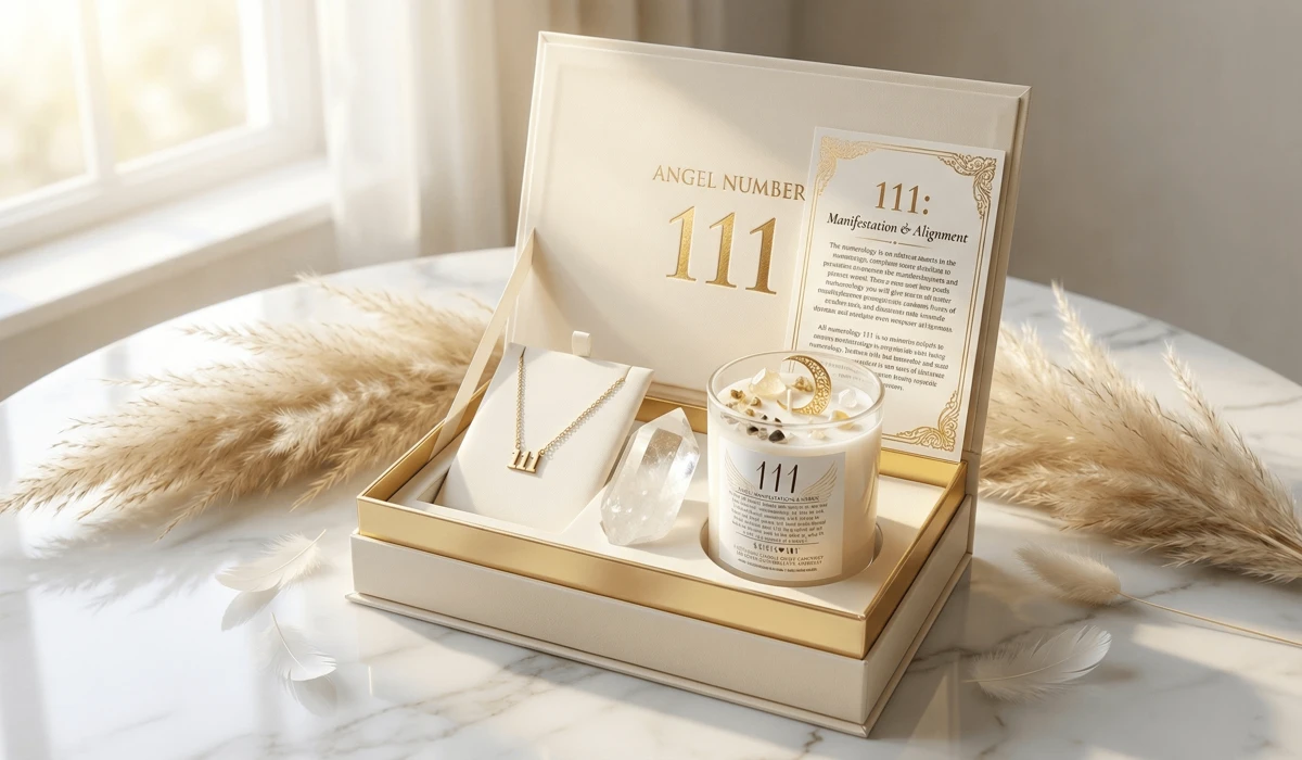 A curated 111 Angel Number Gift Box featuring spiritual jewelry, crystals, and a manifestation candle on a marble background.