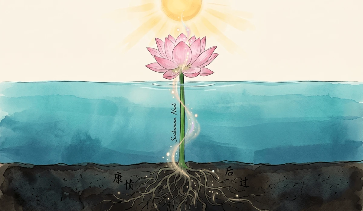 A symbolic illustration showing a lotus flower rising from mud through water to bloom, representing the path of transcendence and spiritual growth.