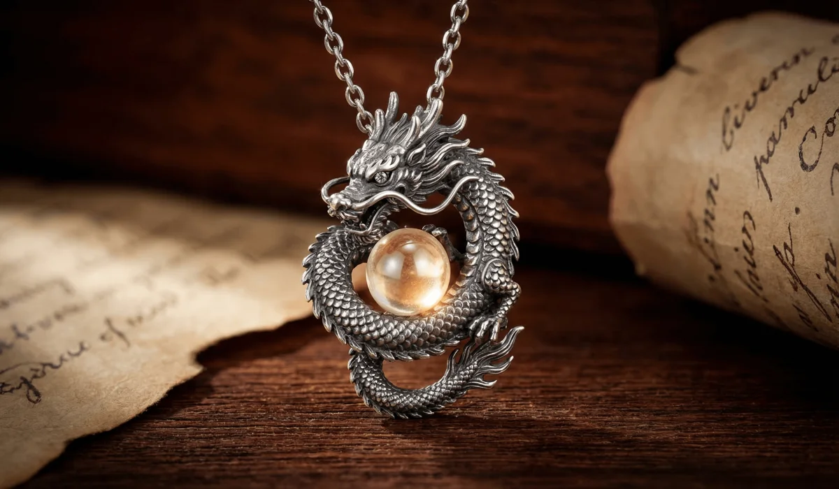 A detailed sterling silver dragon necklace symbolizing academic focus and wisdom, resting on a study desk.
