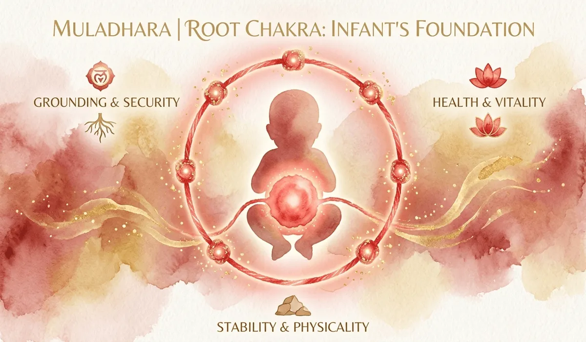Conceptual illustration of a red string bracelet's spiritual connection to a baby's Root Chakra and energetic protection.