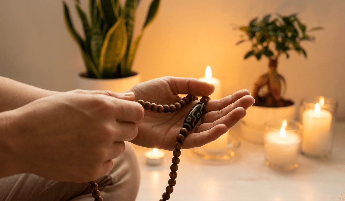 Meditating hands holding a 108 mala necklace with a Dzi bead centerpiece during a mindful japa prayer session.