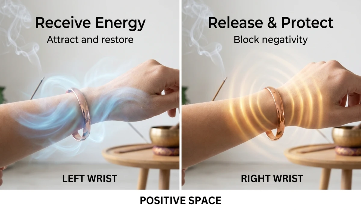 Comparison of wearing a Tibetan copper bracelet on the left versus right hand for energy reception and projection.