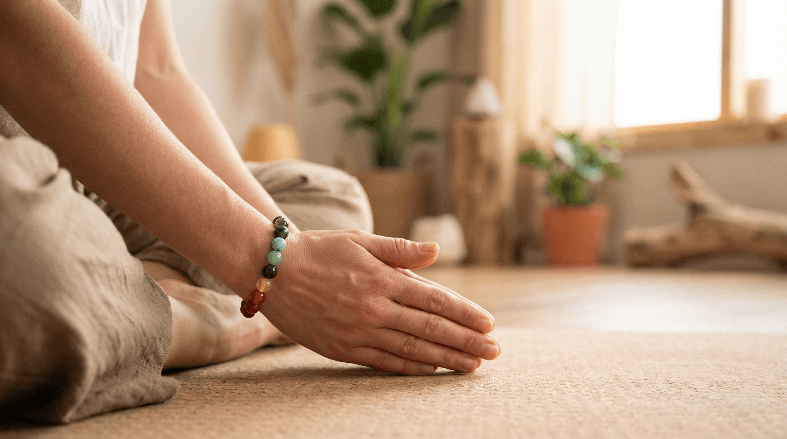 Close-up of a 7 chakra bracelet worn on the left wrist during meditation to receive healing energy and emotional balance.