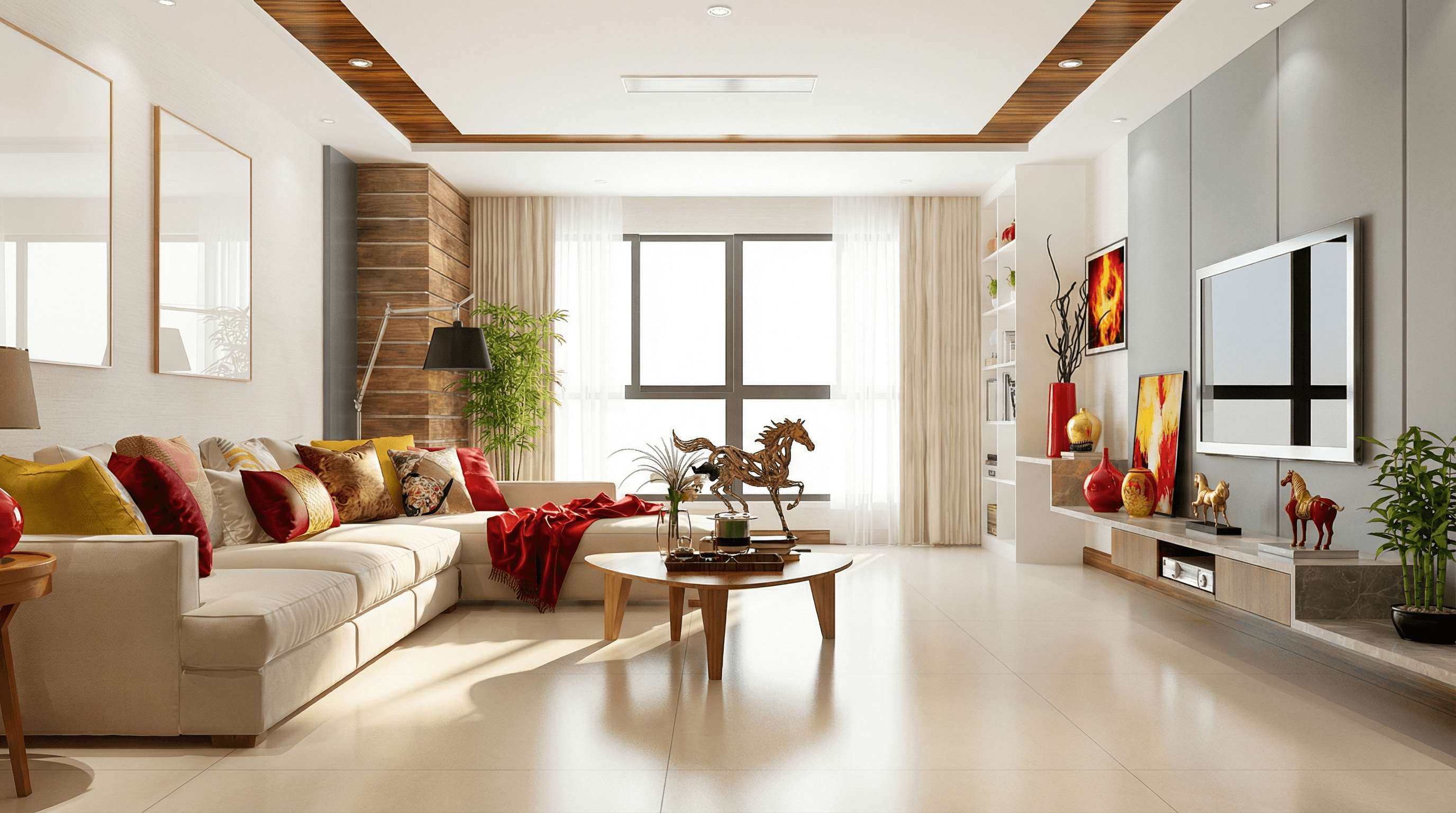 Feng Shui interior design for 2026 showing a South-facing room with wood and earth elements to balance Fire energy.