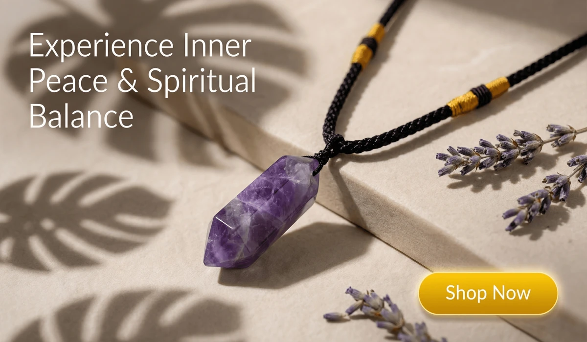 Amethyst Serenity Necklace for spiritual balance and healing energy, featuring a natural purple crystal pendant on a zen-style background with a Shop Now button.
