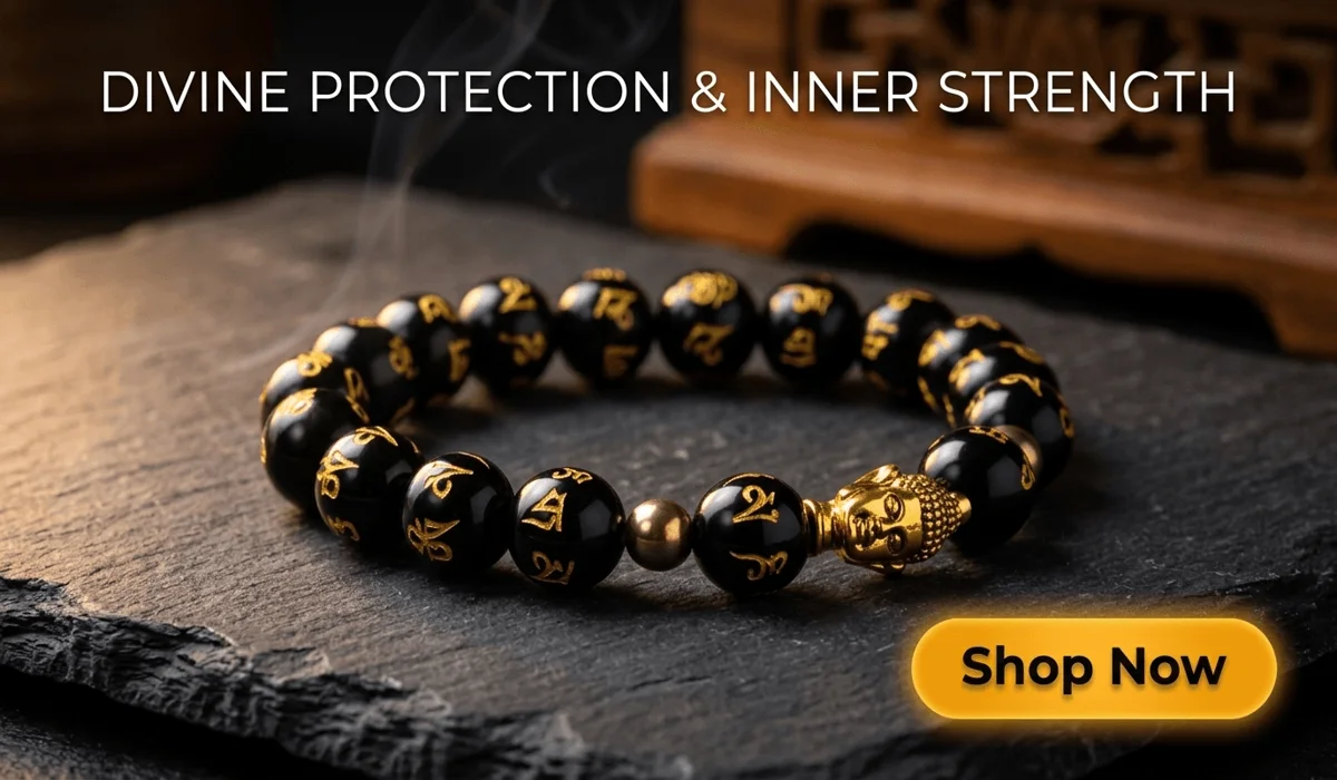 Obsidian Buddha Protection Bracelet - The Unyielding Shield featuring black obsidian beads with gold mantras and a golden Buddha head bead on a Zen background