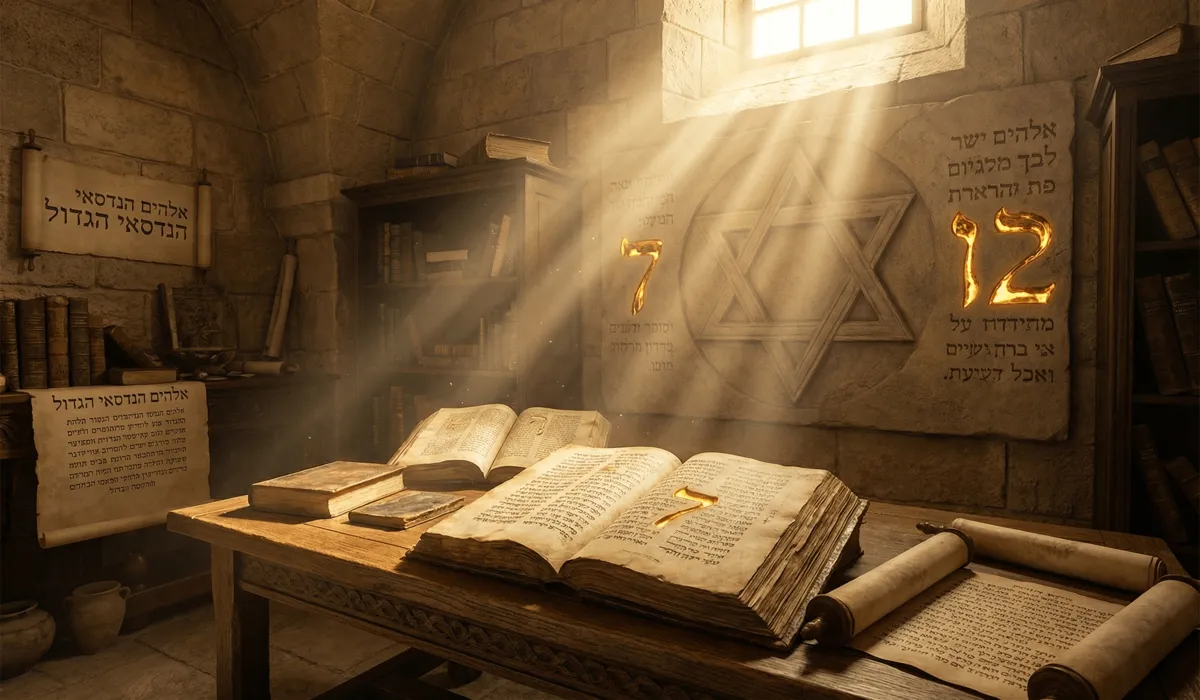 Ancient Hebrew manuscripts and stone carvings featuring the sacred numbers 7 and 12 with divine light, representing biblical numerology and God's design.