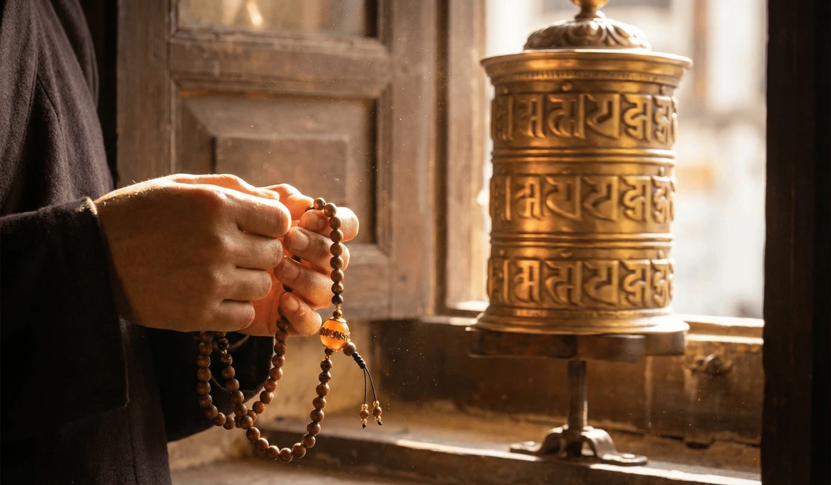 A practitioner using mala beads and a prayer wheel during meditation to chant the Om Mani Padme Hum mantra for spiritual alignment.
