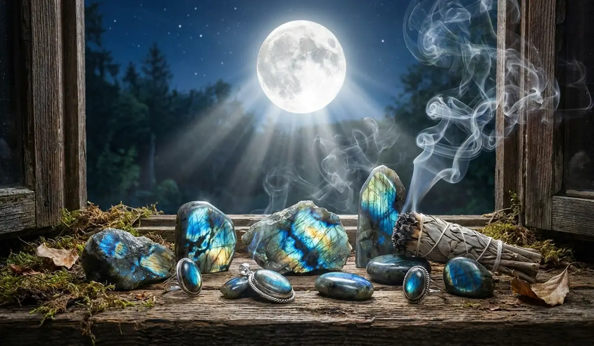 Labradorite stones being charged under the full moon and cleansed with sage smoke.