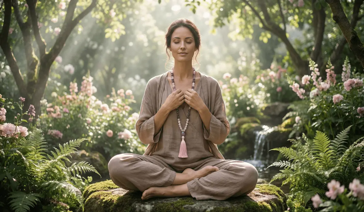 A practitioner wearing a gemstone mala necklace for heart chakra alignment and spiritual intention setting during meditation.