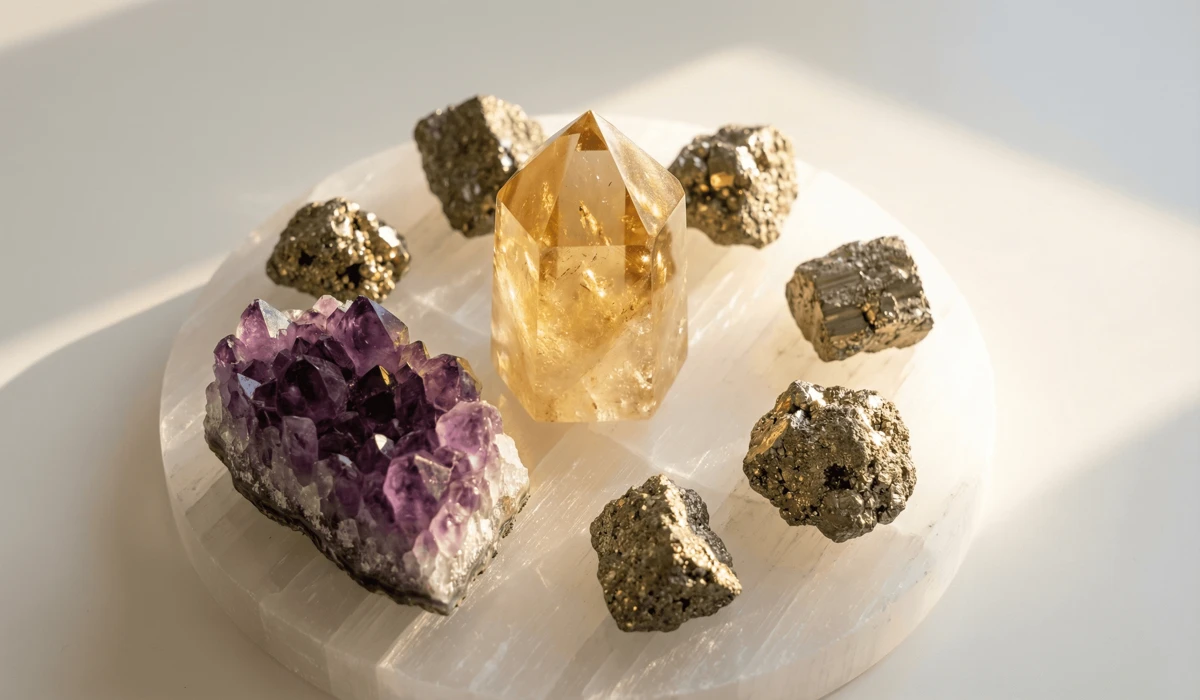 A crystal healing arrangement featuring Citrine, Pyrite, and Amethyst on a Selenite plate for manifesting wealth and success.
