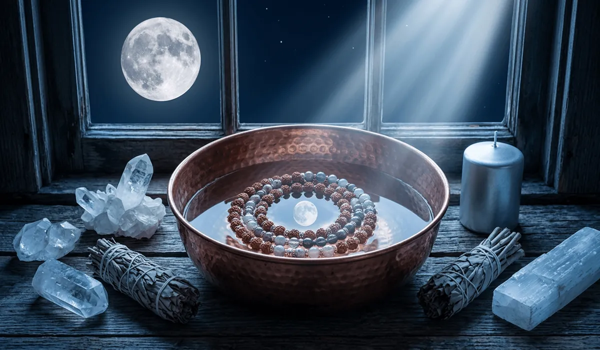A mala bead cleansing and charging ritual under the light of a full moon, featuring a copper bowl and quartz crystals for spiritual maintenance.
