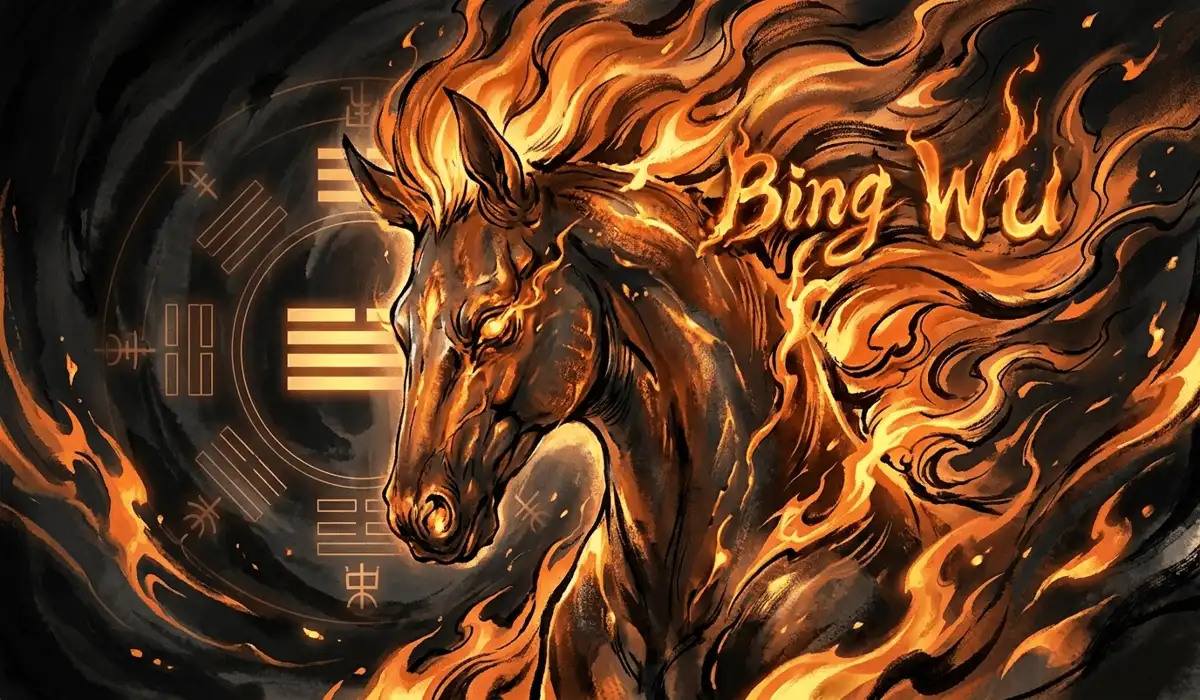 Artistic depiction of the 2026 Bing Wu Fire Horse symbolizing energy, illumination, and the Fire element.