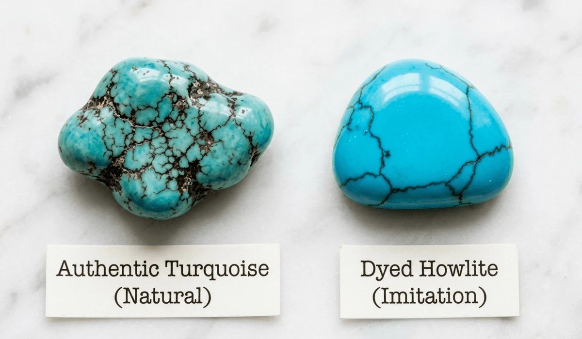 Side-by-side comparison of genuine turquoise with natural matrix versus dyed howlite imitation showing color pooling in cracks.