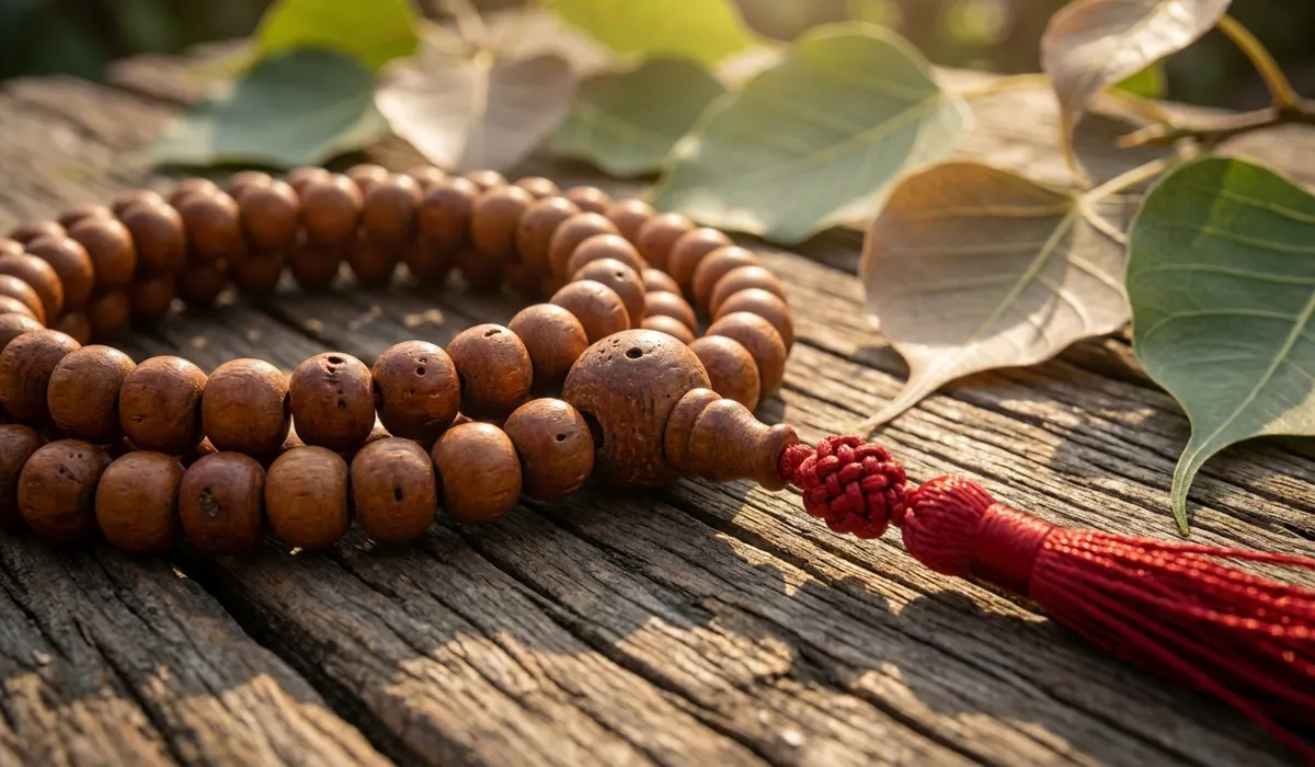 Authentic 108-bead Bodhi seed mala with Guru bead and tassel for Japa meditation.
