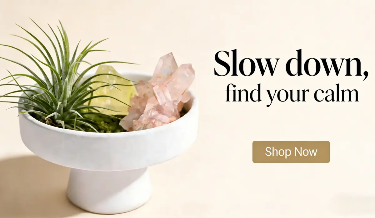 DIY Crystal Meditation Zen Garden with Raw Quartz & Air Plant, featuring a white ceramic bowl holding an air plant, pink rose quartz clusters, and a yellow citrine point, with text "Slow down, find your calm" and a "Shop Now" button on a soft beige background.