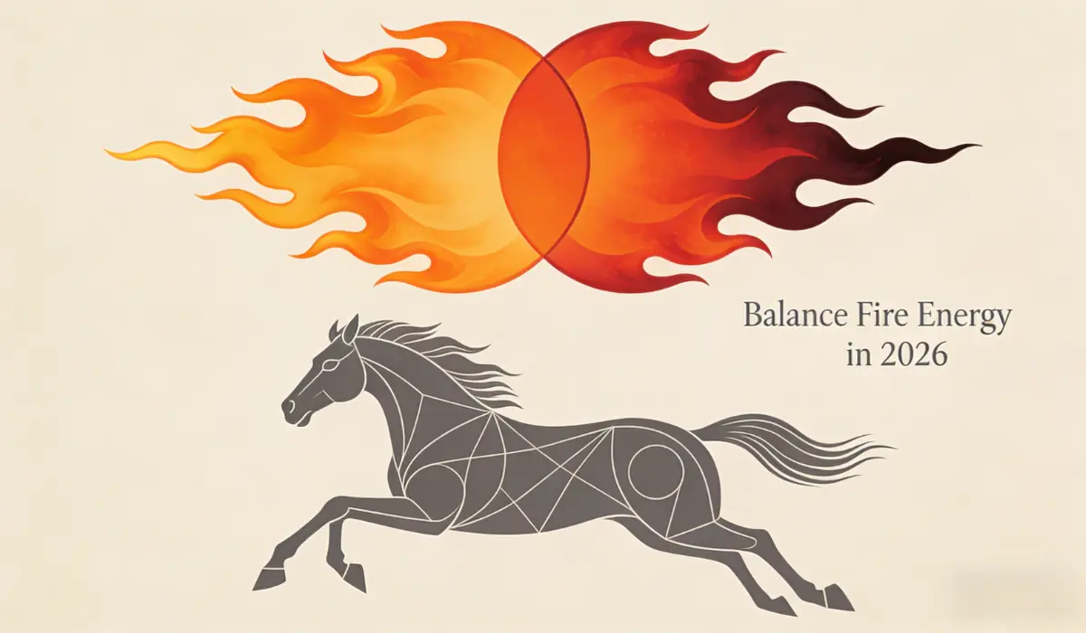 Minimalist illustration of a geometric galloping horse and a dual-flame eclipse, with text "Balance Fire Energy in 2026".