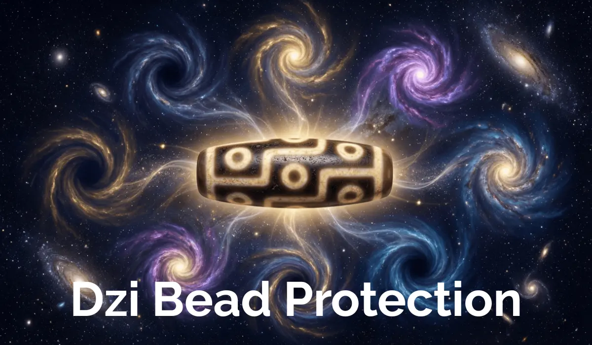Ancient Dzi bead with sacred eye patterns glowing at the center, surrounded by swirling cosmic nebulae in gold, blue, and purple, with text "Dzi Bead Protection".