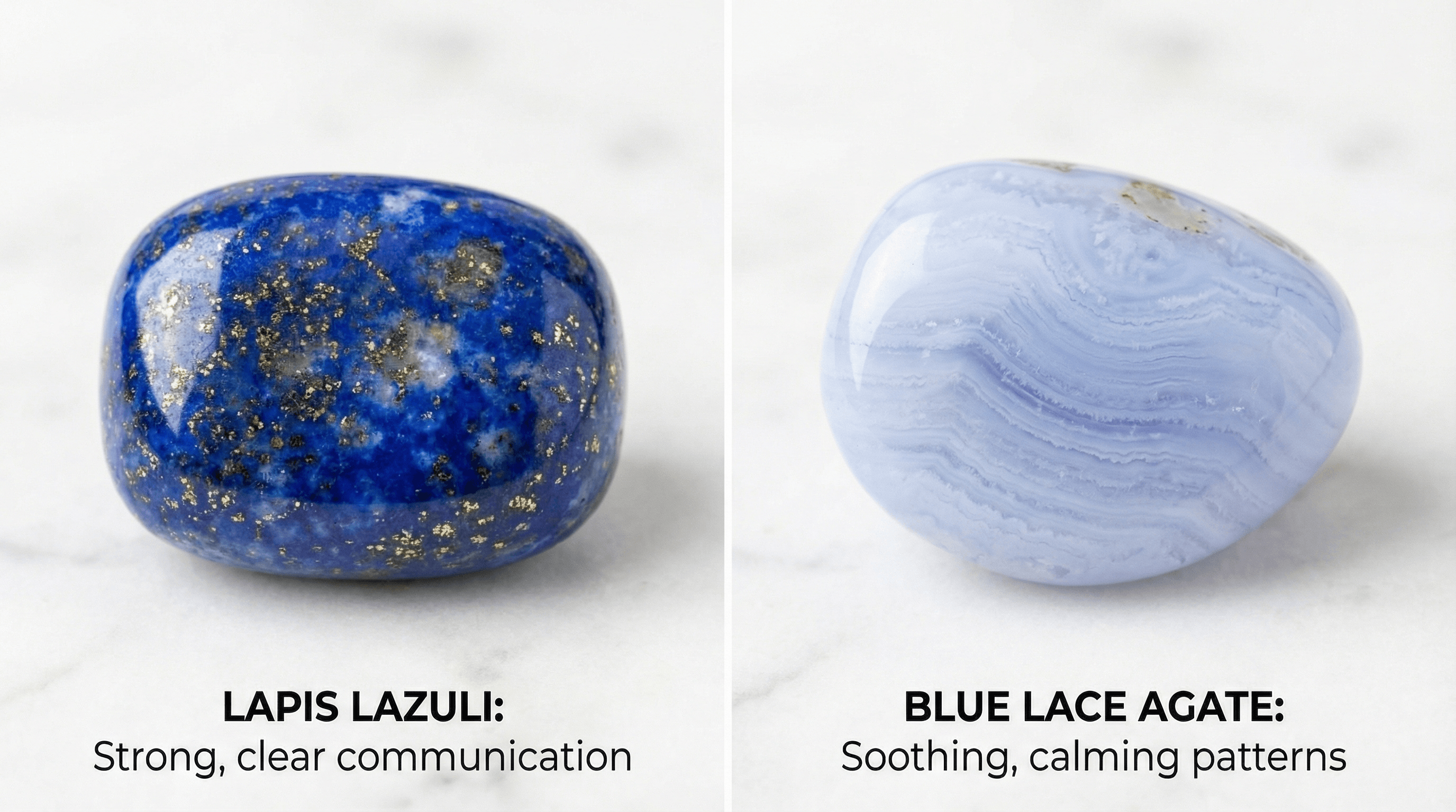 Comparison of Lapis Lazuli and Blue Lace Agate crystals showing different shades of blue for chakra healing.