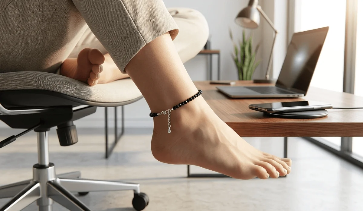 Lifestyle shot of a woman wearing a Black Tourmaline anklet in a modern office for EMF protection.