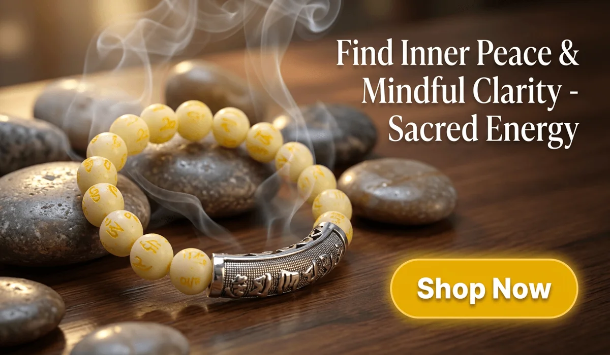 Fluorite Harmony Mantra Bracelet featuring cream-yellow beads and silver engraved cylinder on a peaceful Zen background with a Shop Now button