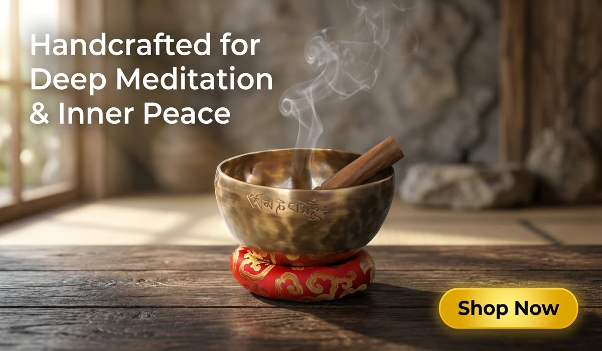 Handmade Nepalese Full Moon Singing Bowl set on a red silk cushion for sound healing and meditation, featuring a Shop Now button.