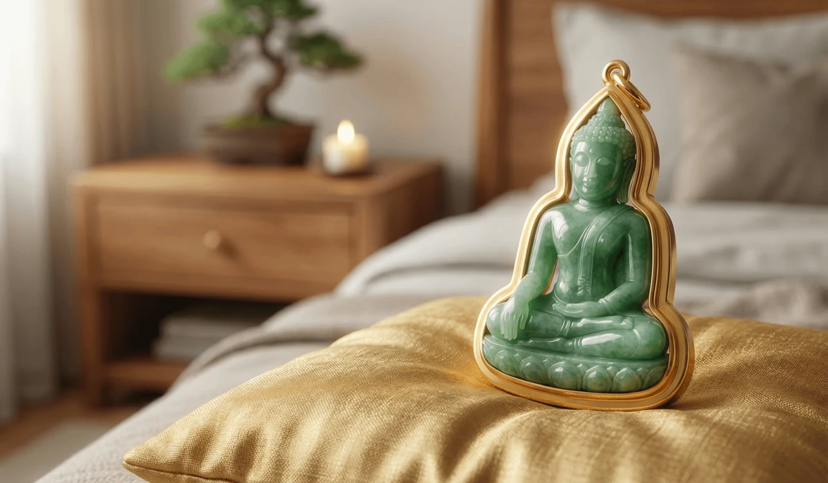 A sacred jade Buddha necklace resting respectfully on a silk cushion on a nightstand, illustrating proper spiritual jewelry storage.