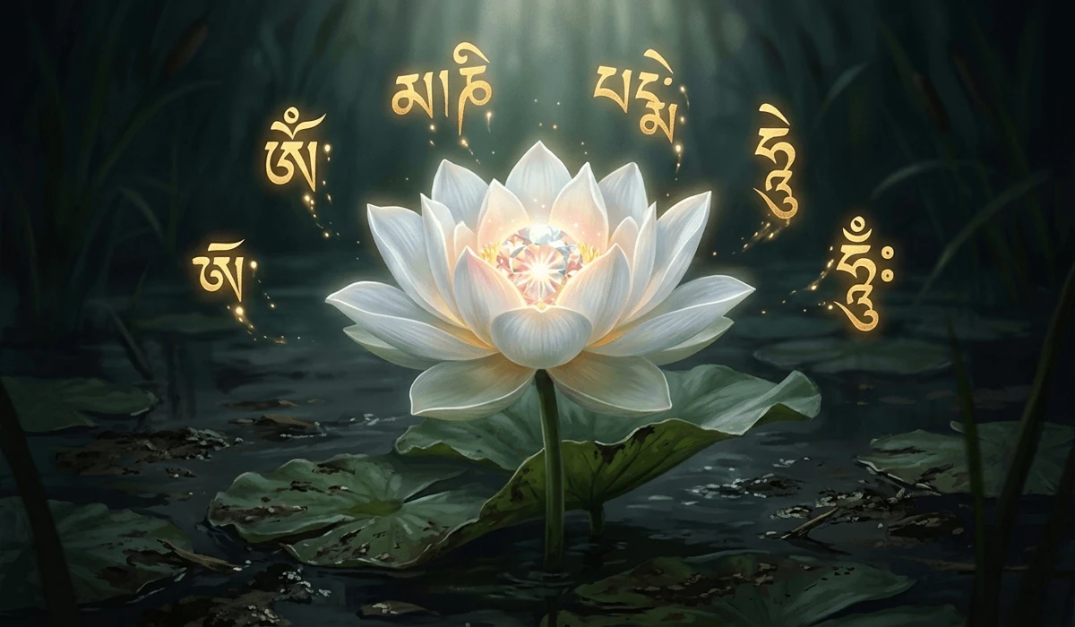 Digital art depicting the Jewel in the Lotus symbolism, representing the path to enlightenment and the purification of the mind.