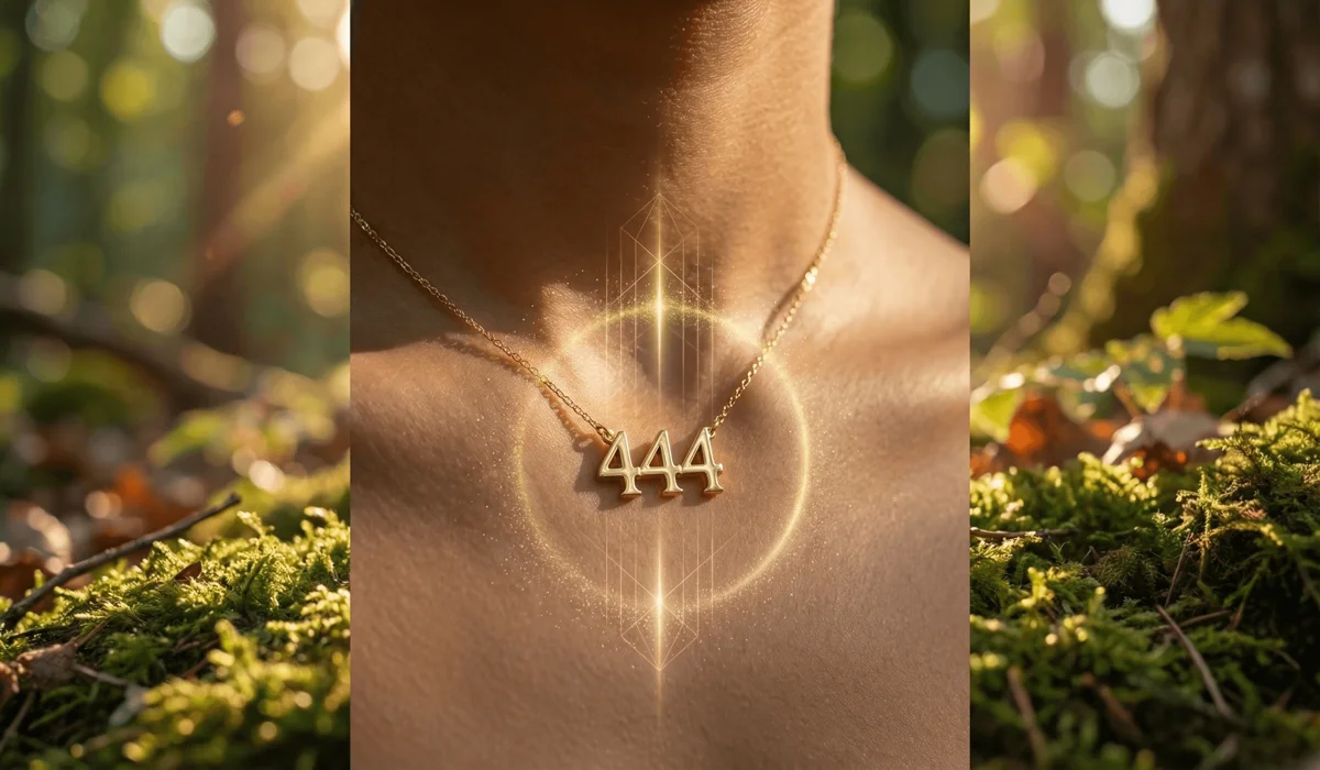 Close-up of a gold 444 angel number necklace acting as a spiritual frequency shield and mindfulness anchor.