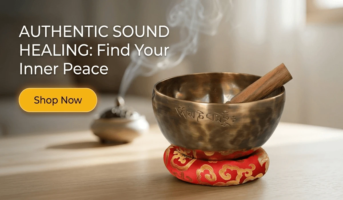 Handmade Nepalese Full Moon Singing Bowl on a red brocade cushion for sound healing and meditation - Shop Now