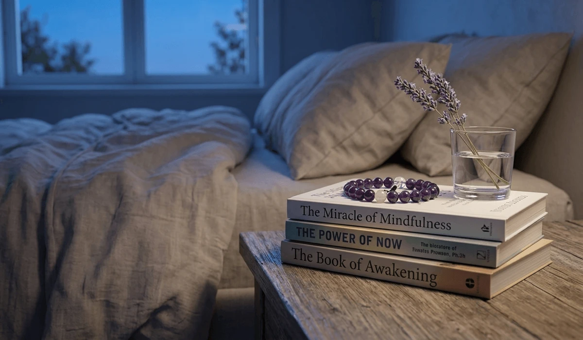 Amethyst wrist mala on a nightstand to promote restful sleep and calming vibrations.