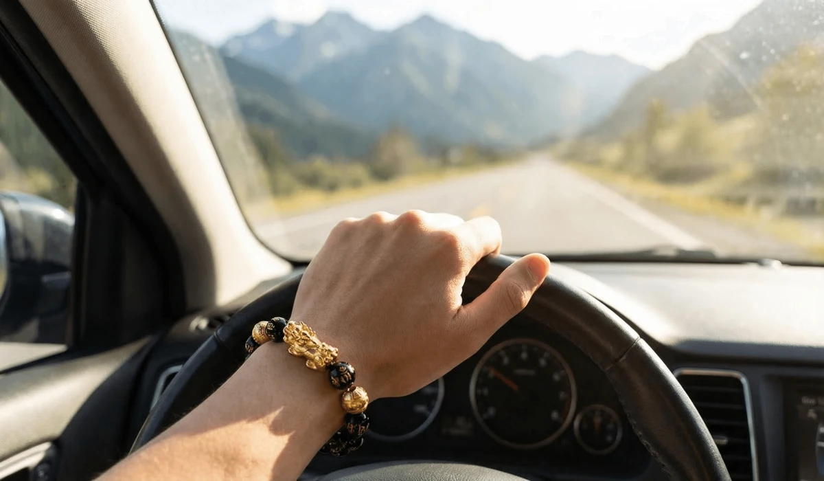 A driver wearing a Feng Shui bracelet on their left wrist for road safety and mindfulness during a trip.