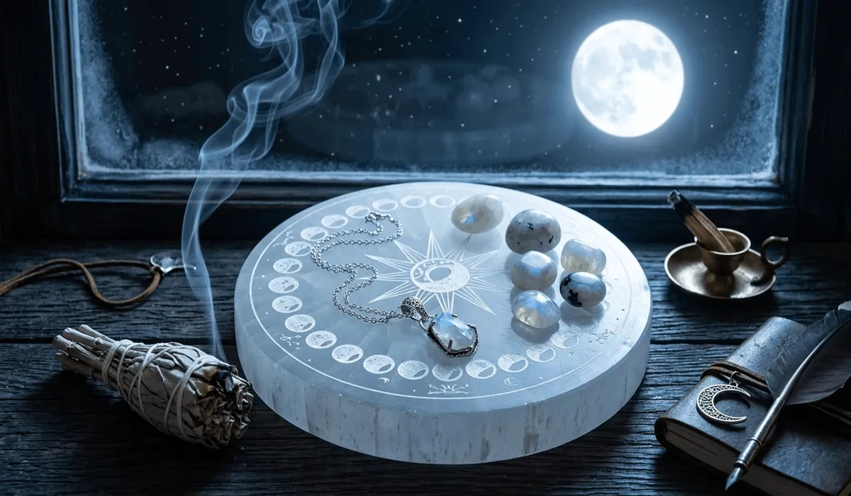 Moonstone jewelry being charged under full moonlight on a selenite plate for spiritual cleansing.